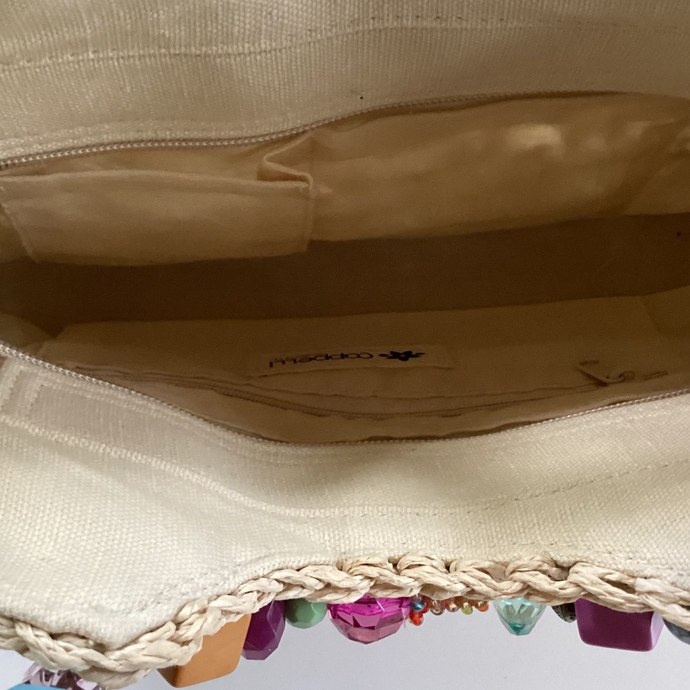 Cappelli Straworld Purse Handbag Round Beaded Jewel Handles Beige/Gold Lined - Picture 12 of 14